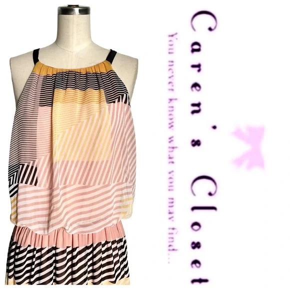 Vince Camuto Multi Colored Striped Chiffon Long Maxi Sundress - Picture 6 of 10